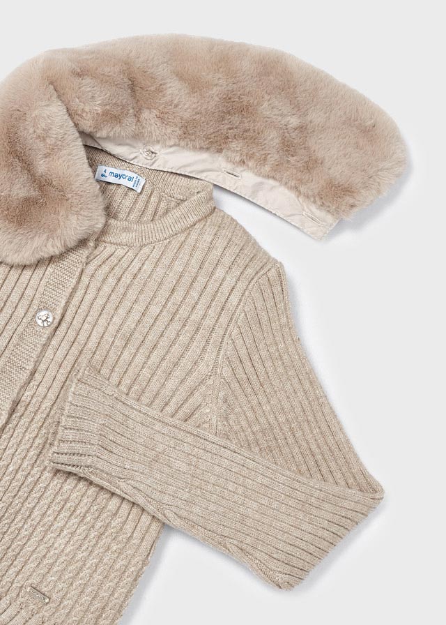 4309- Faux fur collar cardigan for girl - h- Bark Mayoral