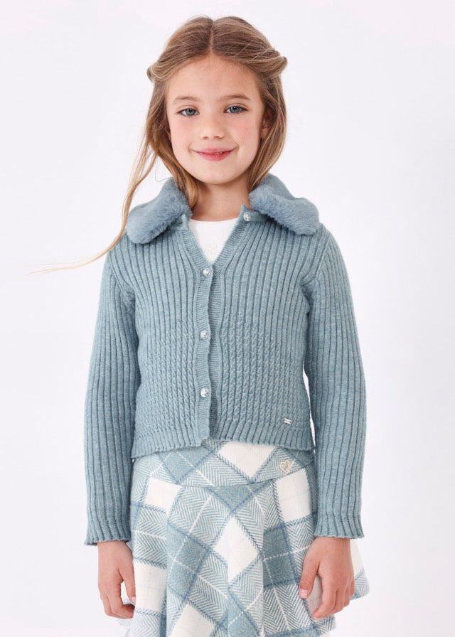 4309- Faux fur collar cardigan for girl - h-Bluebell Mayoral