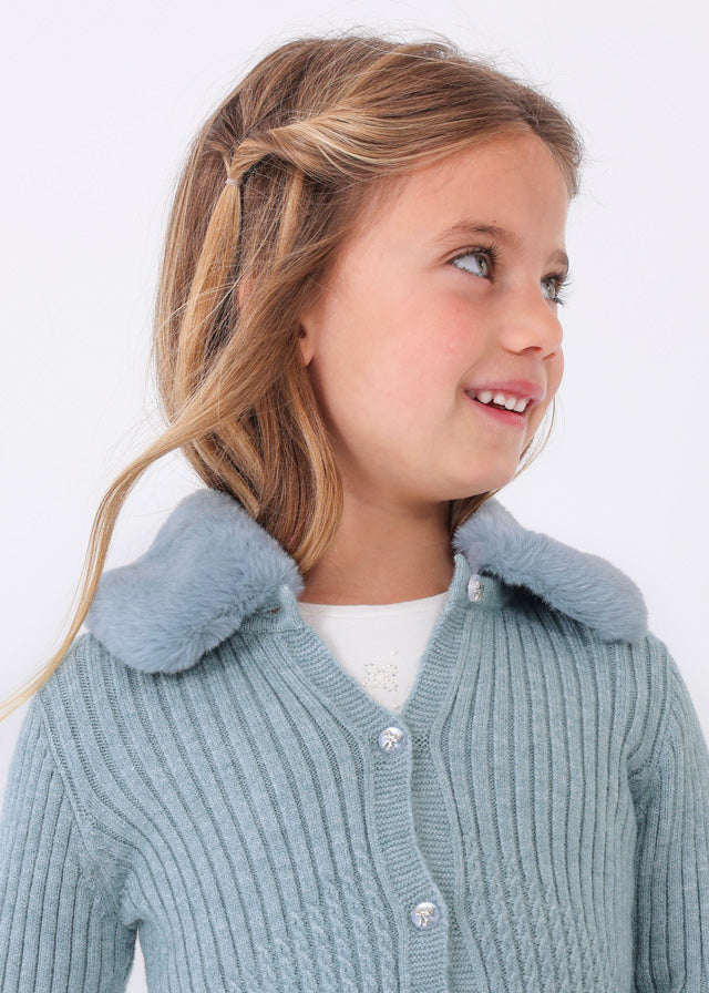 4309- Faux fur collar cardigan for girl - h-Bluebell Mayoral