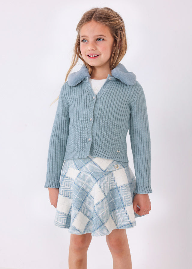 4309- Faux fur collar cardigan for girl - h-Bluebell Mayoral