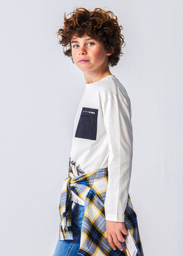 7065- L/s pocket t-shirt for teen boy - Cream Mayoral