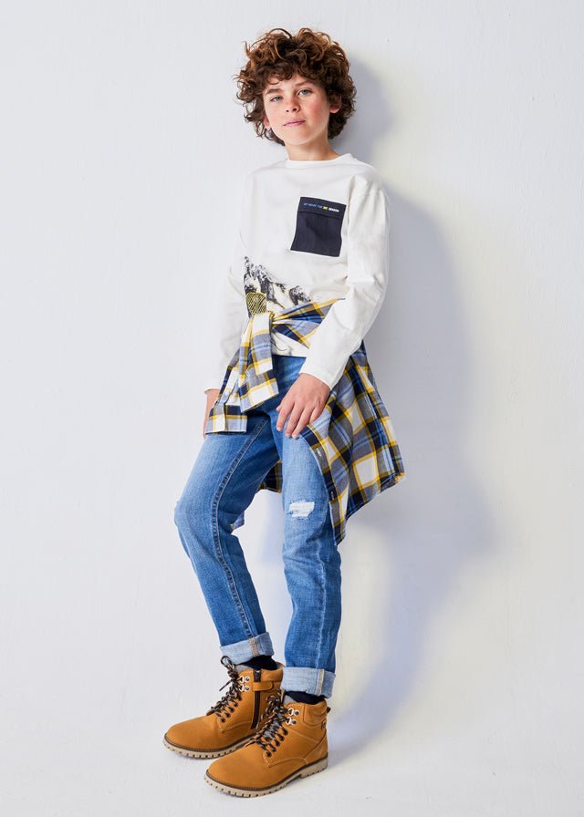7065 - L/s pocket t-shirt for teen boy - Cream - Be Chic
