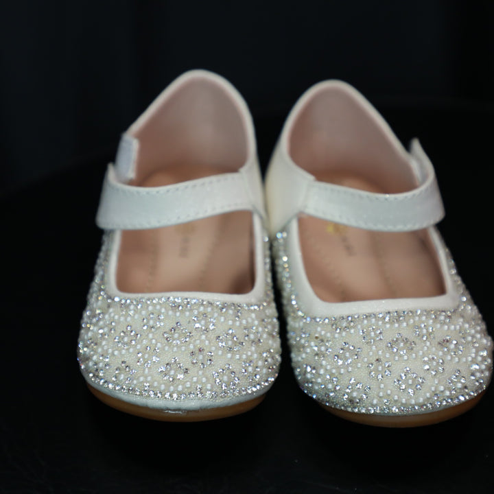 Silver Mary Jane shoes for baby girls.