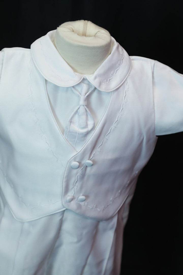 Baby Boys Formal White Christening Baptism silk 5 Piece Classic Tux Set (2) – White - Be Chic