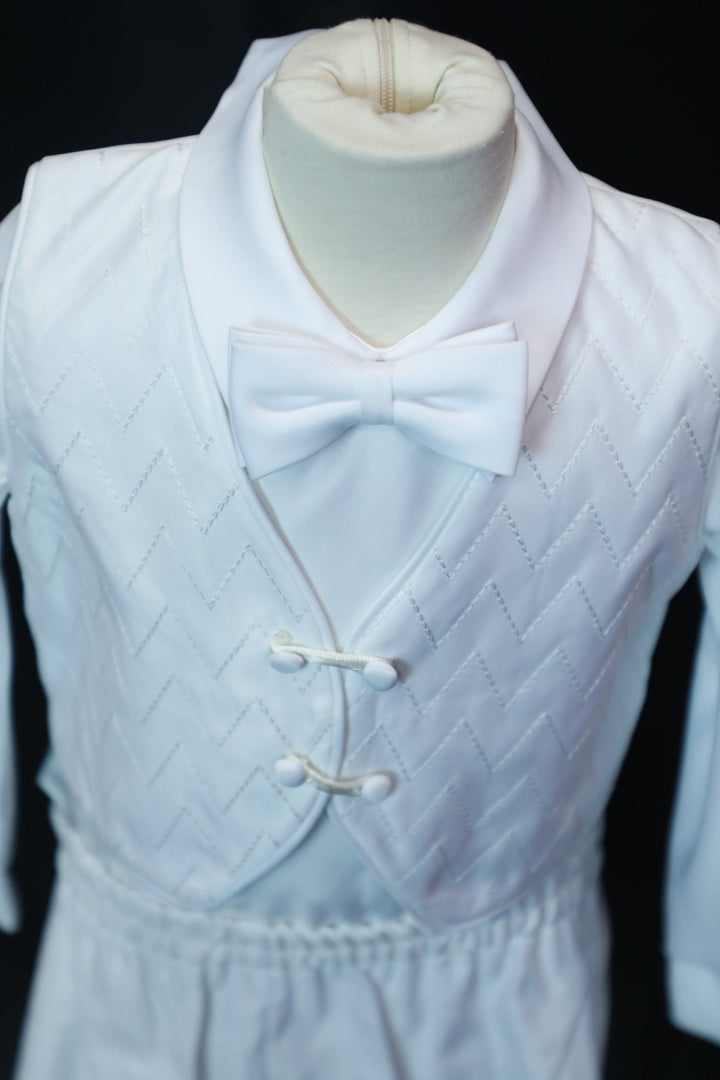 Baby Boys Formal White Christening Baptism silk 5 Piece Classic Tux Set (4) – White - Be Chic