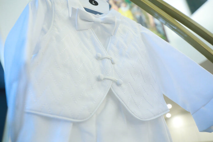 Baby Boys Formal White Christening Baptism silk 5 Piece Classic Tux Set (4) – White - Be Chic