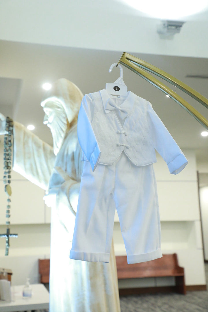 Baby Boys Formal White Christening Baptism silk 5 Piece Classic Tux Set (4) – White - Be Chic