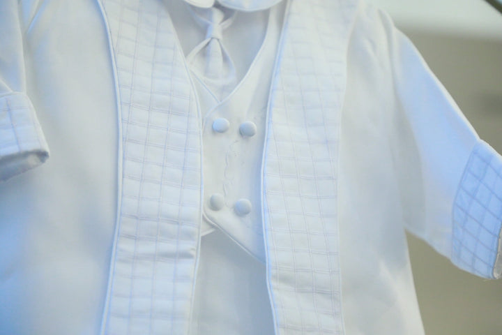 Baby Boys Formal White Christening Baptism silk 5 Piece Classic Tux Set (6) – White - Be Chic
