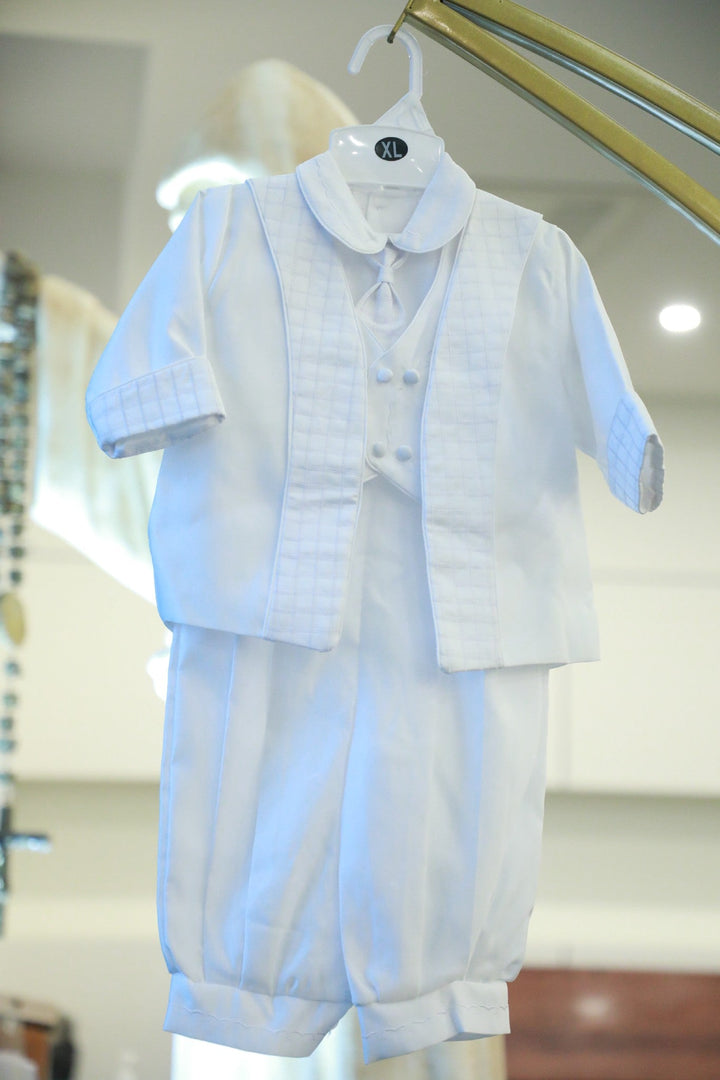Baby Boys Formal White Christening Baptism silk 5 Piece Classic Tux Set (6) – White - Be Chic