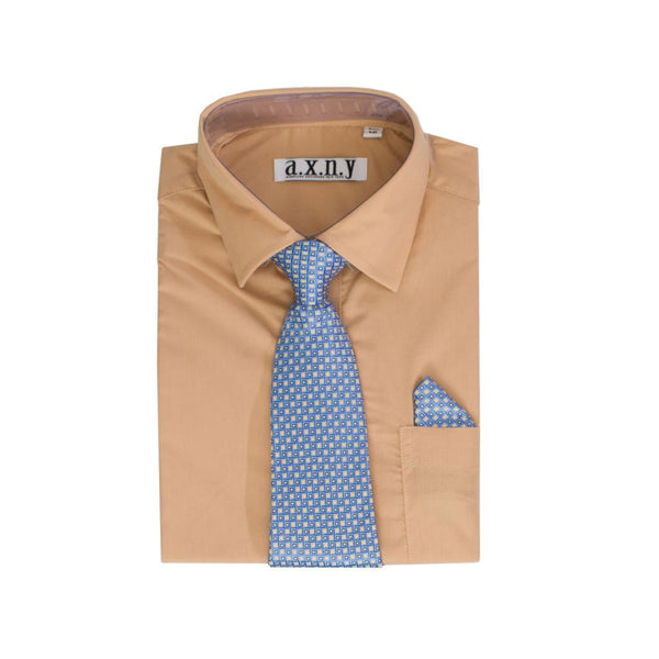 Boys Beige Dress Shirt with Matching Tie and Hanky in Blue - Be Chic