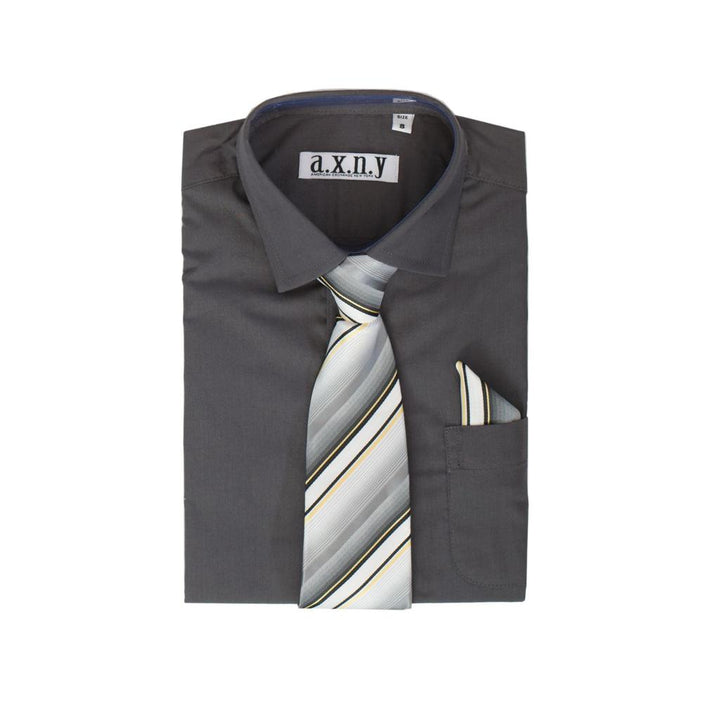 Boys Dress Shirt with Matching Tie and Hanky in Charcoal - Be Chic