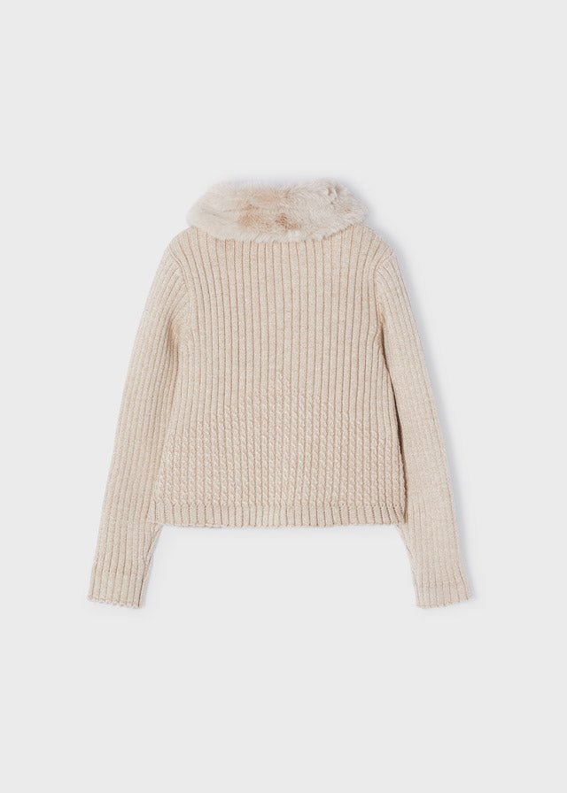 Faux fur collar cardigan for girl - Sepia - Be Chic