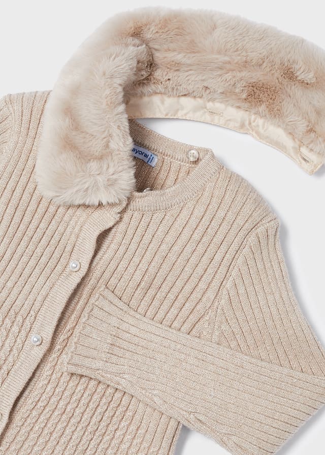 Faux fur collar cardigan for girl - Sepia - Be Chic