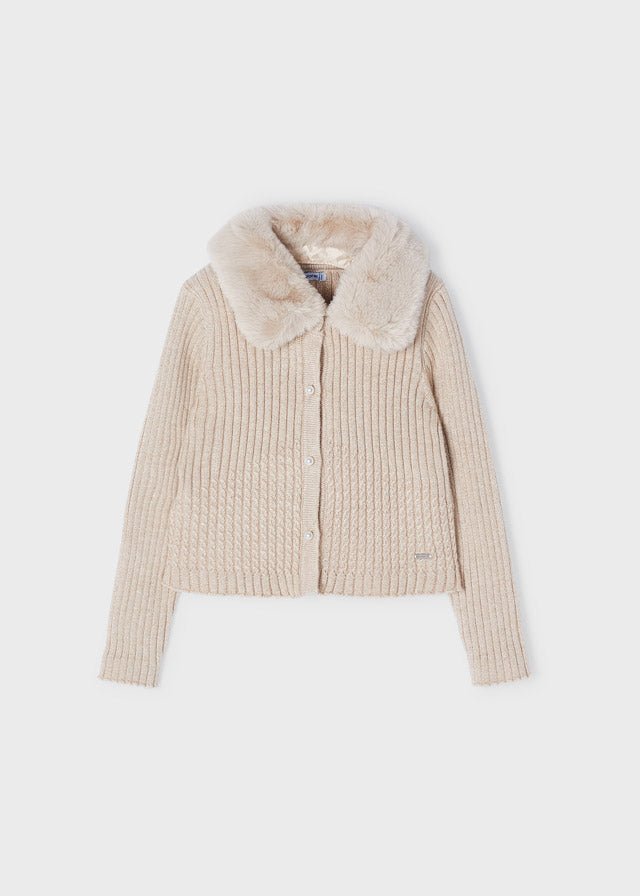 Faux fur collar cardigan for girl - Sepia - Be Chic